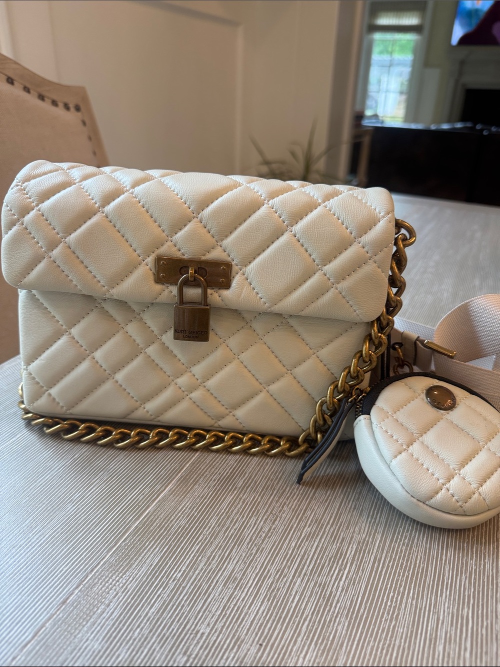 Kurt Geiger Cream Quilted Leather Chain Crossbody & Coin Pouch The Briston